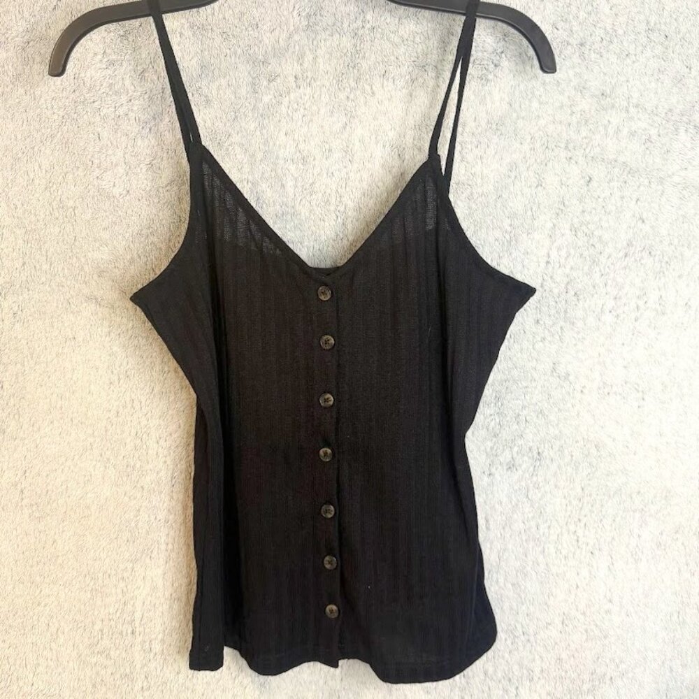 H&M L.O.G.G. Button Down Tank Top, Black Ribbed Women's Size M Lightly worn